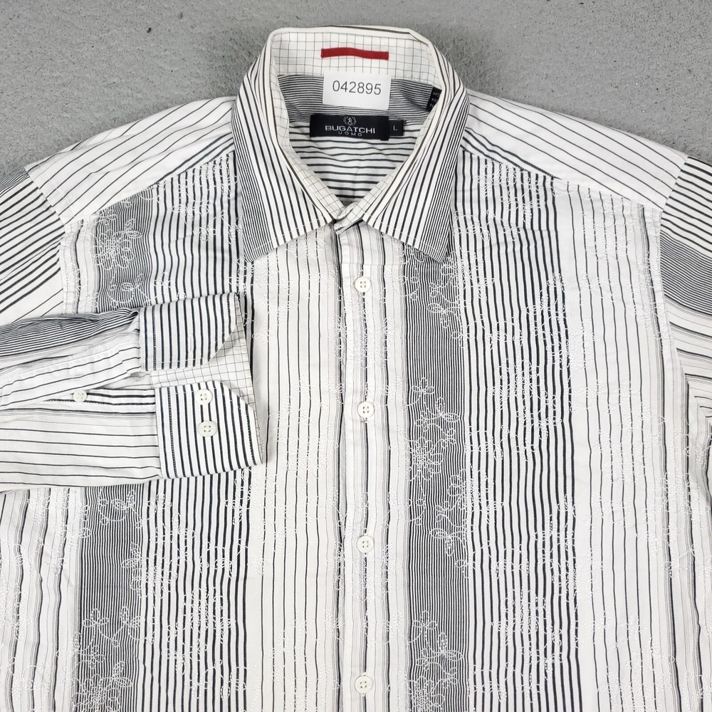 Bugatchi Uomo Shirt Mens Large White Black Striped Button Up Long Sleeve 042895